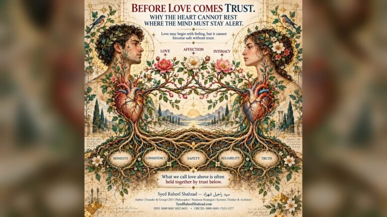 Botanical philosophical artwork by Syed Raheel Shahzad showing two people whose hearts grow through roots labeled honesty, consistency, safety, reliability and truth, illustrating why trust is the structure beneath lasting love.