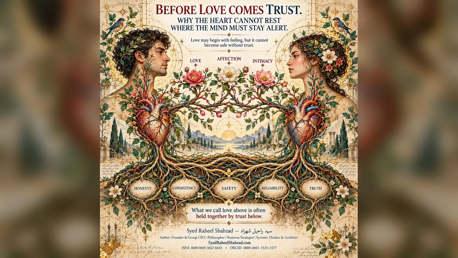 Botanical philosophical artwork by Syed Raheel Shahzad showing two people whose hearts grow through roots labeled honesty, consistency, safety, reliability and truth, illustrating why trust is the structure beneath lasting love.