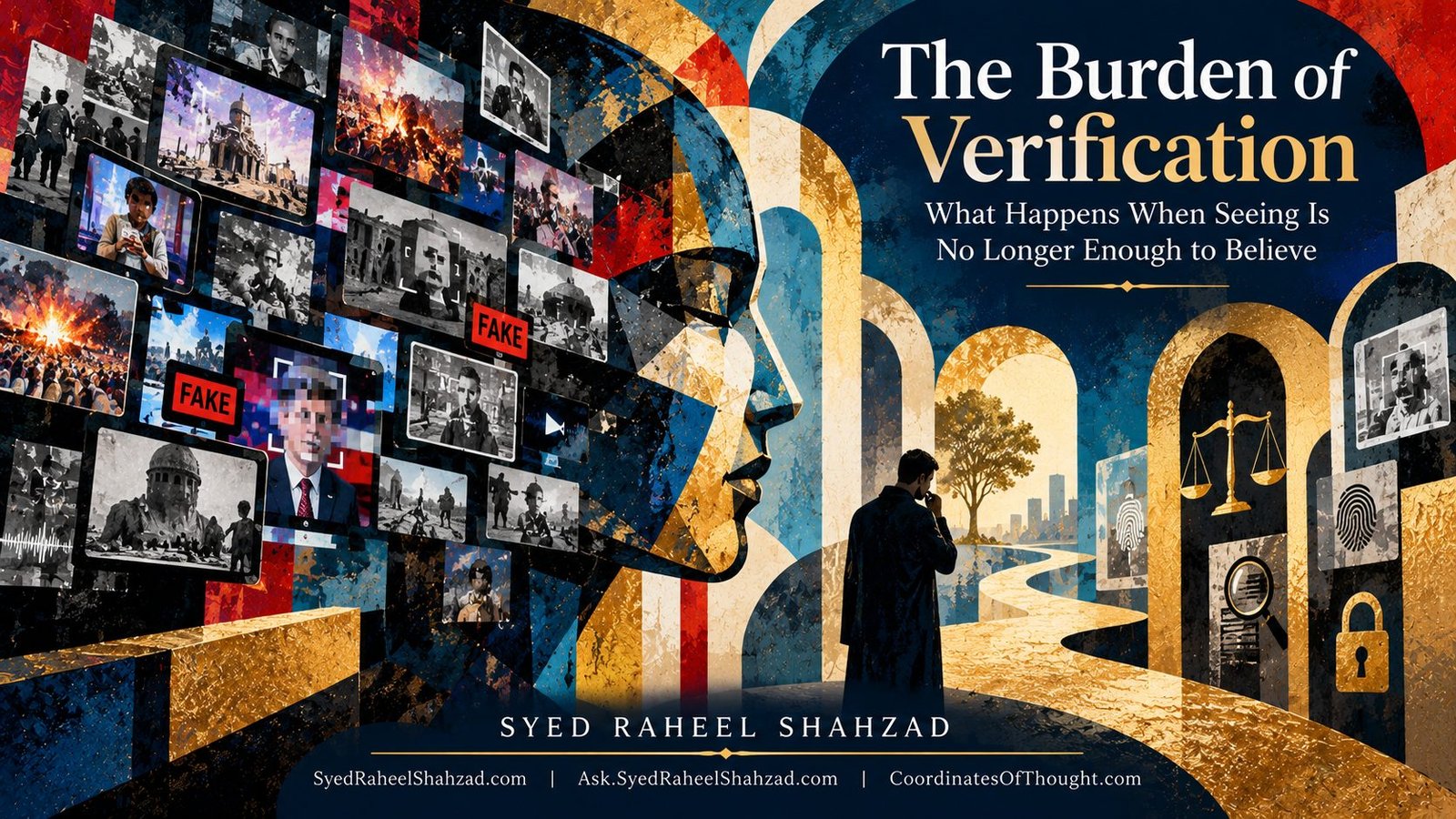 Conceptual mixed-media artwork by Syed Raheel Shahzad contrasting fabricated digital evidence with a path through truth, evidence, context, verification, judgment and wisdom, symbolizing the burden of belief in the age of synthetic media.