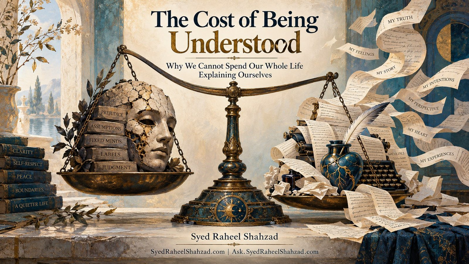 Philosophical fine-art artwork by Syed Raheel Shahzad showing a balance between a cracked mask burdened by prejudice, assumptions and judgment and a flood of written explanations, symbolizing the cost of trying to be fully understood.
