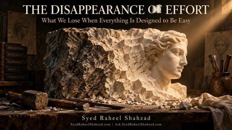 Philosophical fine-art artwork by Syed Raheel Shahzad showing rough marble gradually becoming a refined sculpture through carving, symbolizing effort, resistance, skill and human formation.