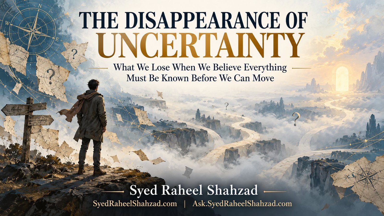 Philosophical artwork by Syed Raheel Shahzad showing a person facing branching paths that disappear into mist, surrounded by broken maps, compass lines and unanswered questions, symbolizing uncertainty and human agency.
