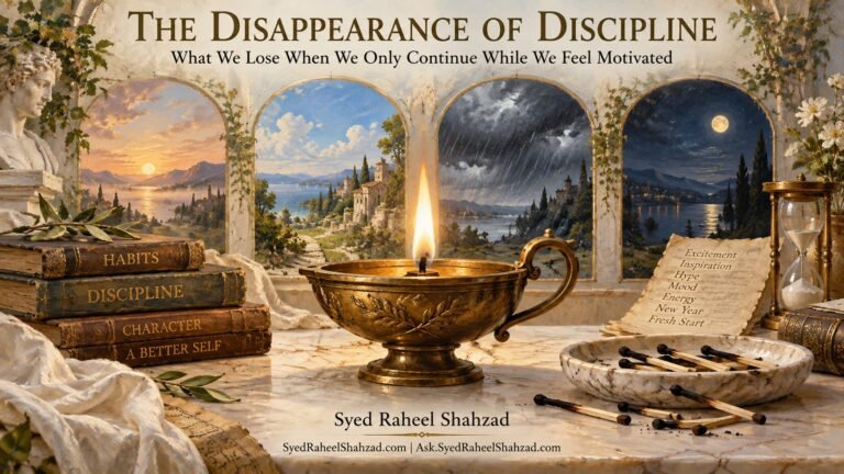 Philosophical fine-art artwork by Syed Raheel Shahzad showing a steady lamp burning through changing scenes of dawn, daylight, rain and night, symbolizing discipline that survives changes in motivation.
