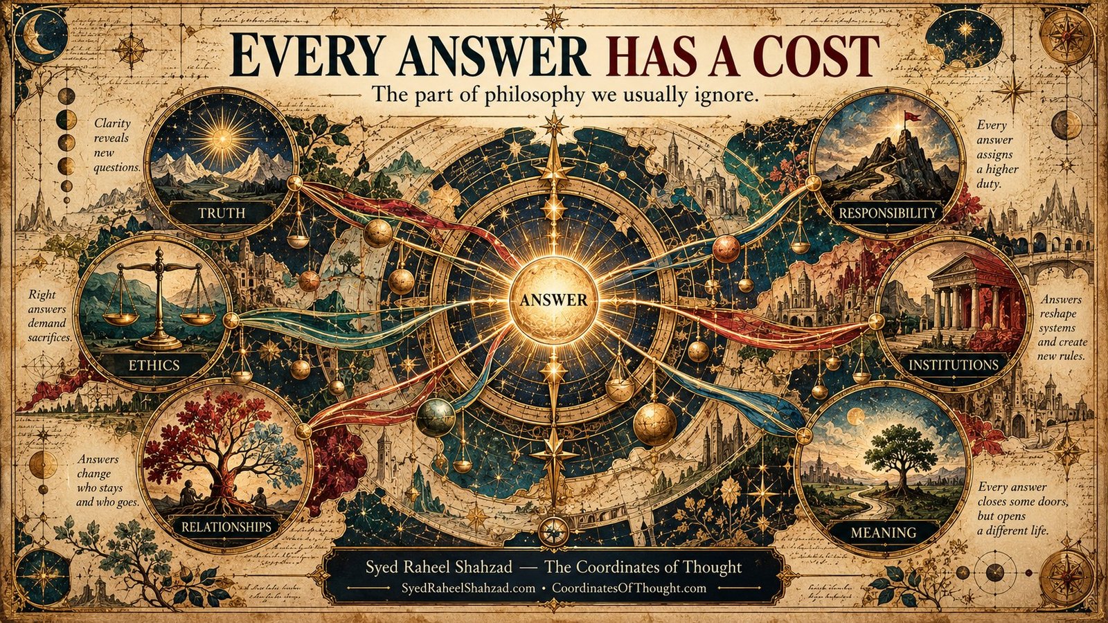 Every Answer Has a Cost — The Coordinates of Thought — Syed Raheel Shahzad Philosophical artwork by Syed Raheel Shahzad showing an answer connected to truth, ethics, responsibility, institutions, relationships and meaning through The Coordinates of Thought