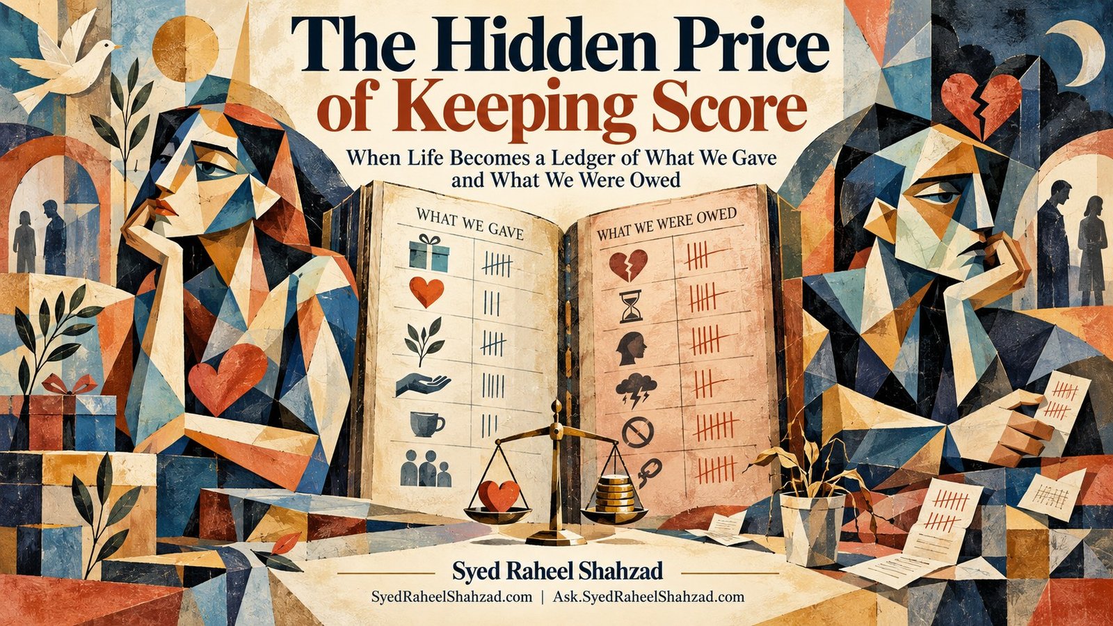 The Hidden Price of Keeping Score — Syed Raheel Shahzad Cubist philosophical artwork by Syed Raheel Shahzad showing two figures beside an open ledger of what was given and what was owed, with hearts, gifts, tally marks and a balance symbolizing reciprocity, resentment and the hidden cost of keeping score.