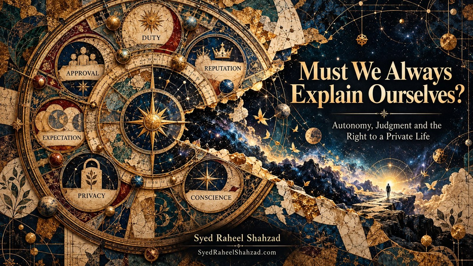 Philosophical editorial artwork by Syed Raheel Shahzad exploring autonomy, privacy, conscience, judgment and the burden of explaining oneself