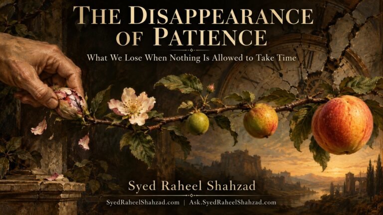 Philosophical fine-art artwork by Syed Raheel Shahzad showing one branch moving from a forced torn bud through blossom and green fruit to ripe fruit, with a cracked clock behind it, symbolizing patience, time and becoming.