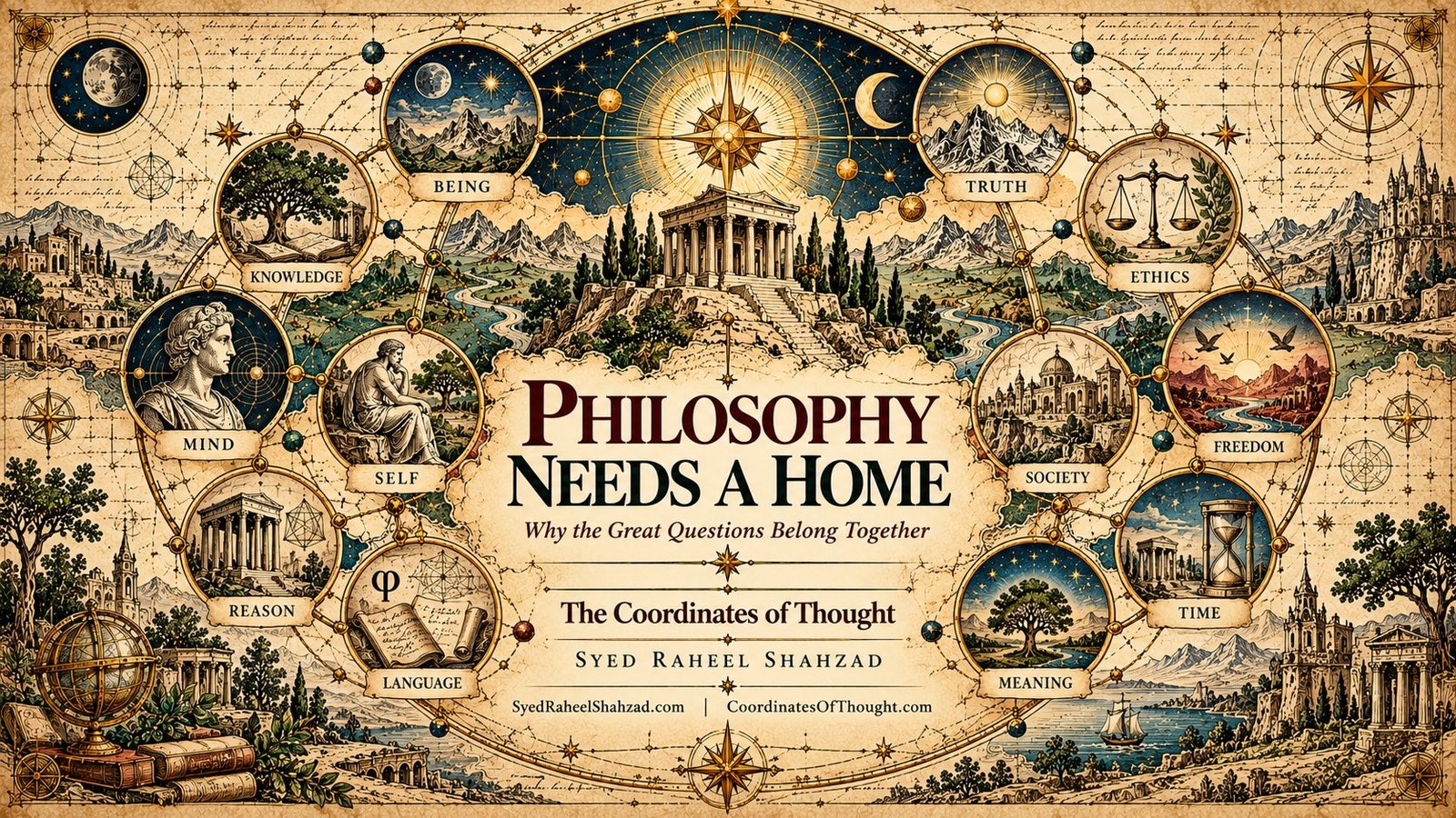 Philosophy Needs a Home — The Coordinates of Thought — Syed Raheel Shahzad Philosophy Needs a Home artwork by Syed Raheel Shahzad connecting being, knowledge, truth, mind, ethics, freedom, reason, meaning and society through The Coordinates of Thought