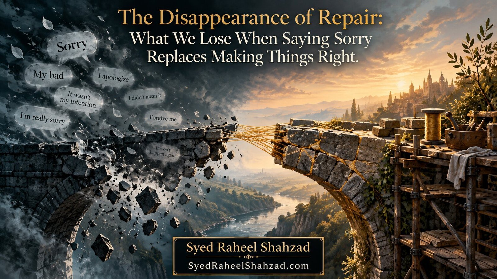 Philosophical artwork by Syed Raheel Shahzad showing a broken bridge repaired with visible golden joins, symbolizing the difference between apology and the work of repair.