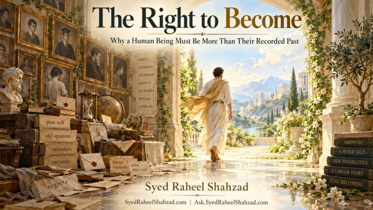 Philosophical fine-art artwork by Syed Raheel Shahzad showing a figure leaving an archive of portraits, labels, old opinions and records toward an open landscape of growth and becoming, symbolizing the right to become more than one’s recorded past.