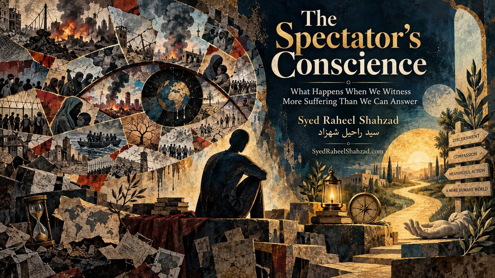 Philosophical mixed-media artwork by Syed Raheel Shahzad showing a fractured eye filled with scenes of war, displacement and crisis beside a path toward discernment, compassion and meaningful action, symbolizing the spectator’s conscience under global moral overload.