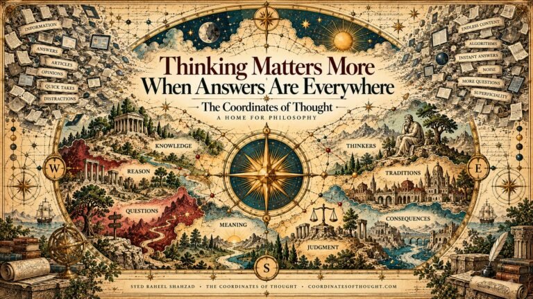 Philosophical map artwork by Syed Raheel Shahzad showing why thinking matters in an age of information, instant answers, opinions and algorithms through The Coordinates of Thought