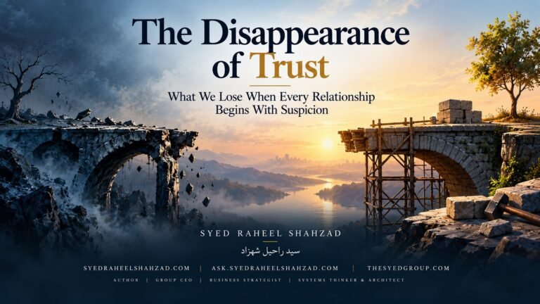 Philosophical artwork by Syed Raheel Shahzad showing a broken bridge between suspicion and trust, symbolizing the difficult passage from fear and past hurt toward evidence, consistency and renewed relationship.