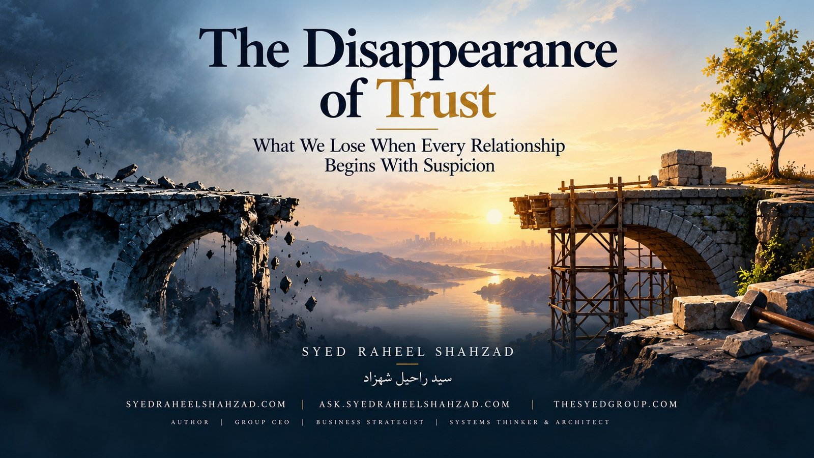 Philosophical artwork by Syed Raheel Shahzad showing a broken bridge being rebuilt between suspicion and trust, symbolizing evidence, consistency, time and the work of renewed relationship.
