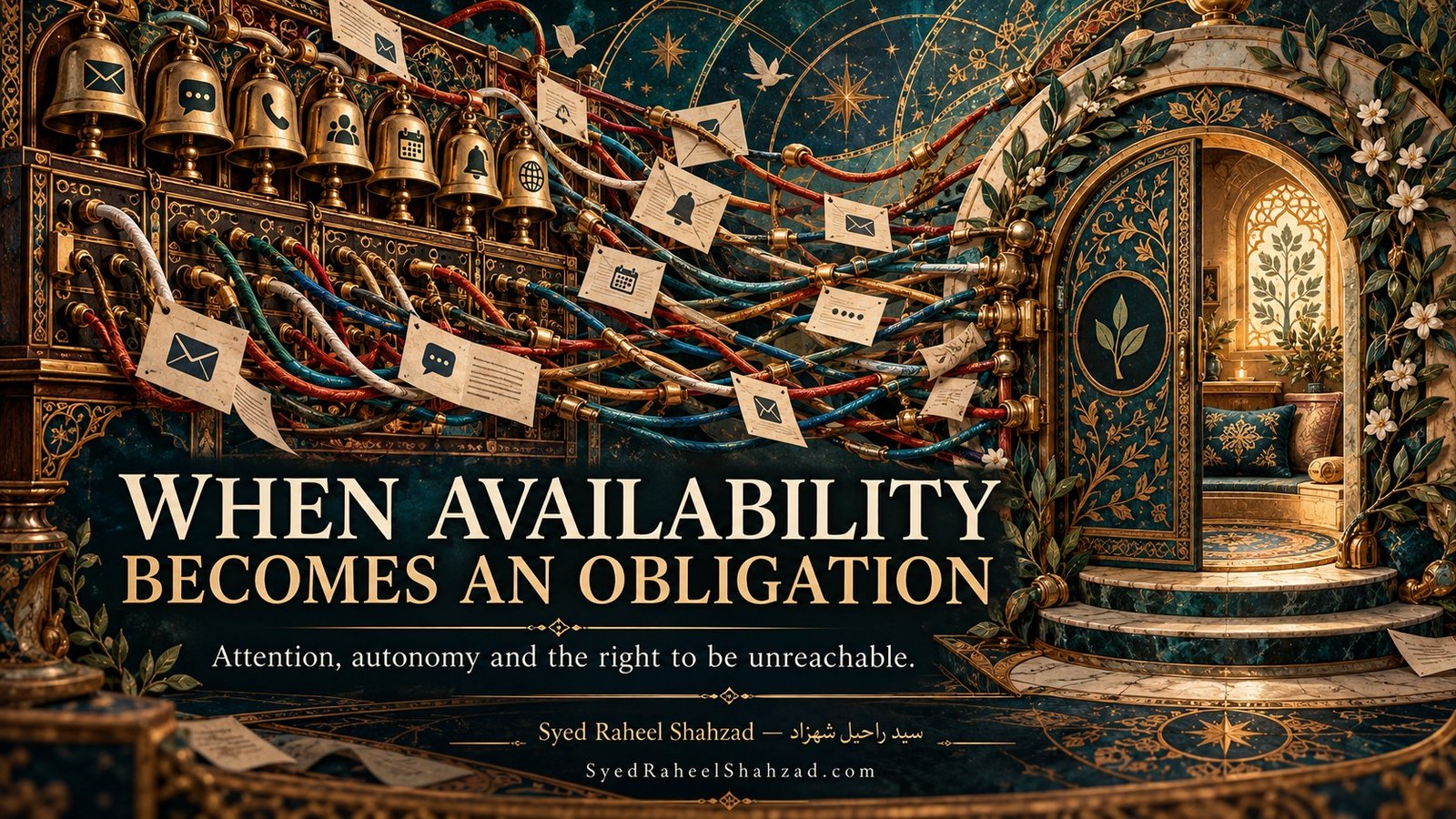 When Availability Becomes an Obligation — Syed Raheel Shahzad Philosophical artwork by Syed Raheel Shahzad exploring constant availability, attention, autonomy, digital pressure, personal boundaries and the right to be unreachable