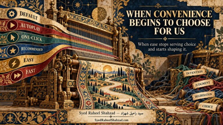 Philosophical artwork by Syed Raheel Shahzad exploring convenience, autonomy, agency, deliberate choice, friction and the hidden influence of easy decisions