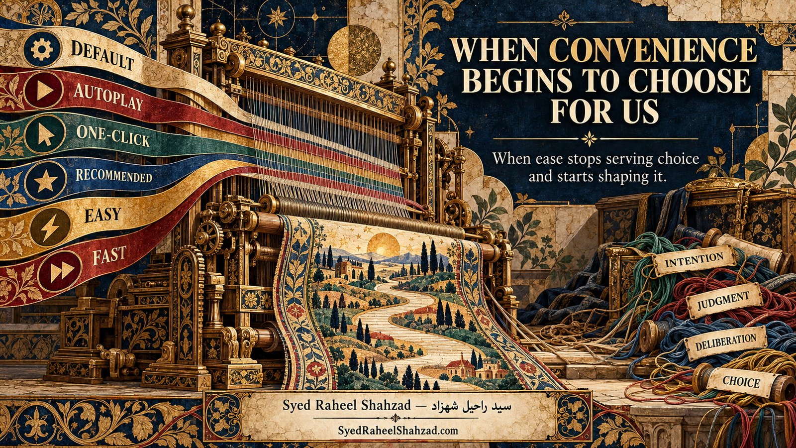 Philosophical artwork by Syed Raheel Shahzad exploring convenience, autonomy, agency, deliberate choice, friction and the hidden influence of easy decisions