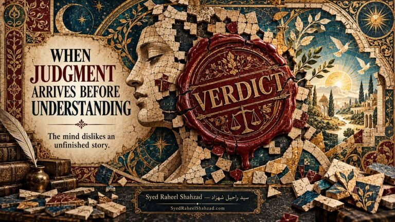 Philosophical artwork by Syed Raheel Shahzad exploring judgment, understanding, certainty, interpretation, evidence and the danger of premature conclusions