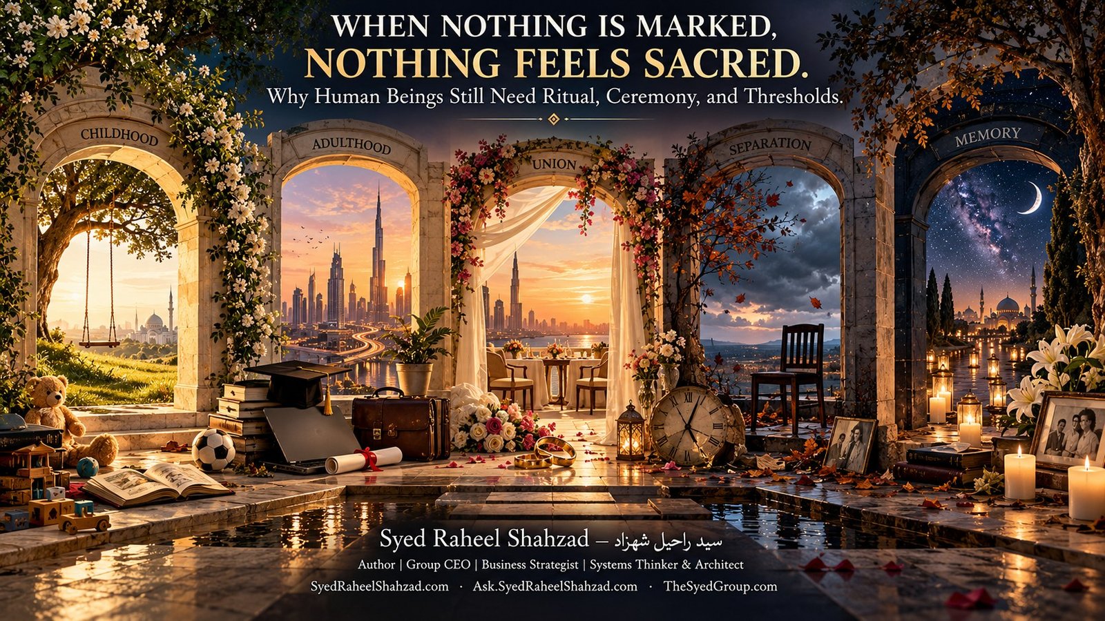 Philosophical threshold artwork by Syed Raheel Shahzad showing symbolic passages through childhood, adulthood, union, separation and memory, illustrating how ritual gives human transitions meaning.